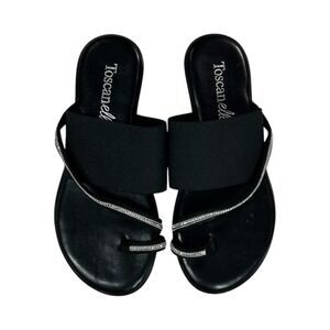 Tuscanella Women Black Rhinestone Thong Toe Ring Sandals Size 6 Made in Italy